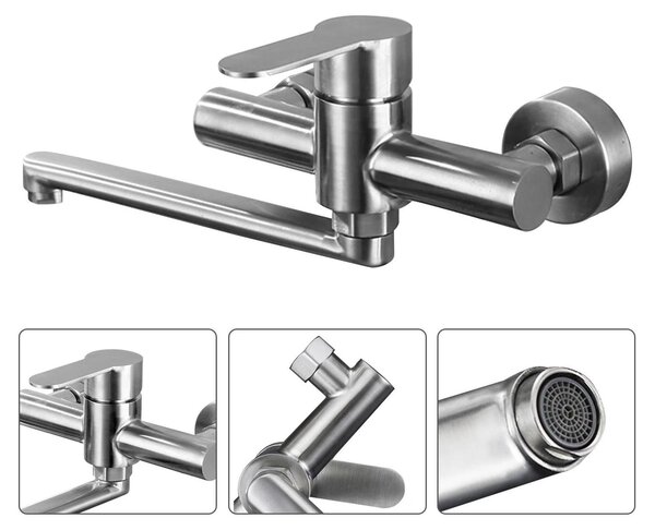 Miscelatore per lavello da parete - Acciaio inossidabile - Rotazione a 360° - Miscelatore monocomando per acqua calda e fredda - Argento
