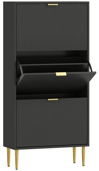 HOMCOM Scarpiera 18 paia con 3 ripiani ribaltabili, ante scanalate e ripiani regolabili, 60x24x128cm, nero | Aosom Italy
