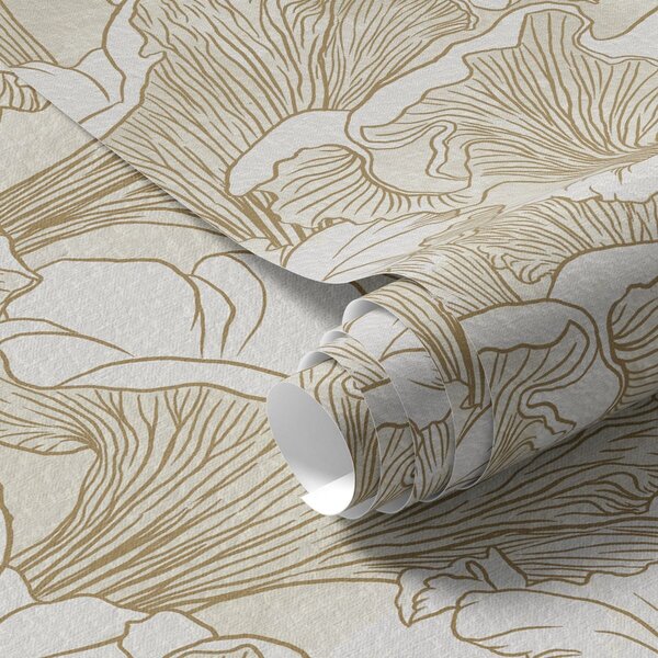 Carta da parati Funghi galletti, disegno al tratto su sfondo crema, Parati fiori e piante classici, a00275 : Uwalls.it