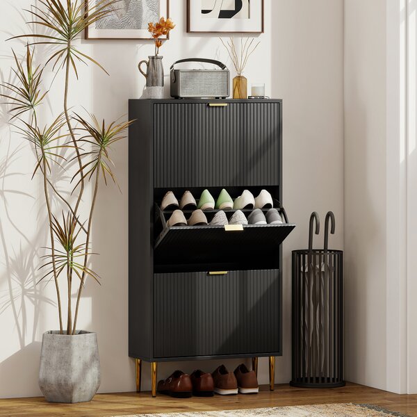 HOMCOM Scarpiera 18 paia con 3 ripiani ribaltabili, ante scanalate e ripiani regolabili, 60x24x128cm, nero | Aosom Italy