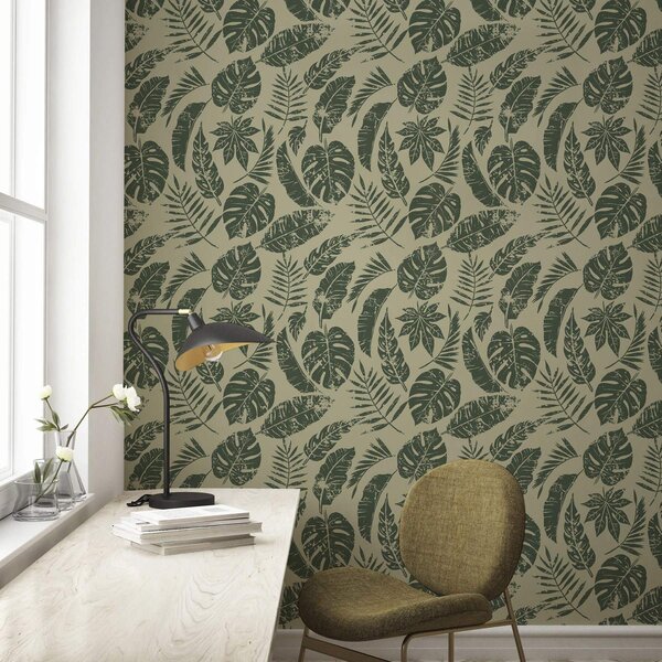 Carta da parati Foglie tropicali in stile linoleografico, verde su giallo, Parati fiori e piante classici, a00274 : Uwalls.it