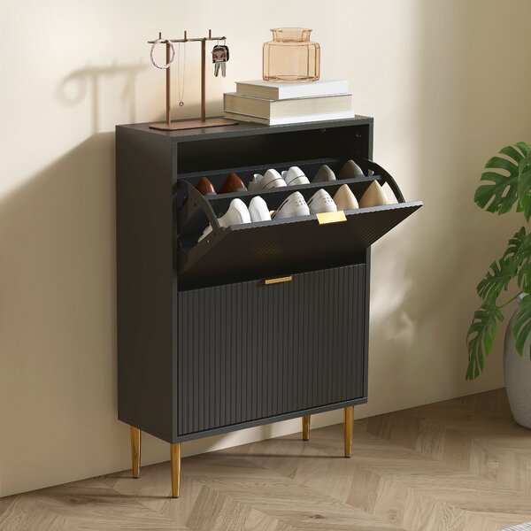 HOMCOM Mobile portascarpe 12 paia con 2 cassetti ribaltabili, ante scanalate e ripiani regolabili, 60x24x91,5cm, nero | Aosom Italy