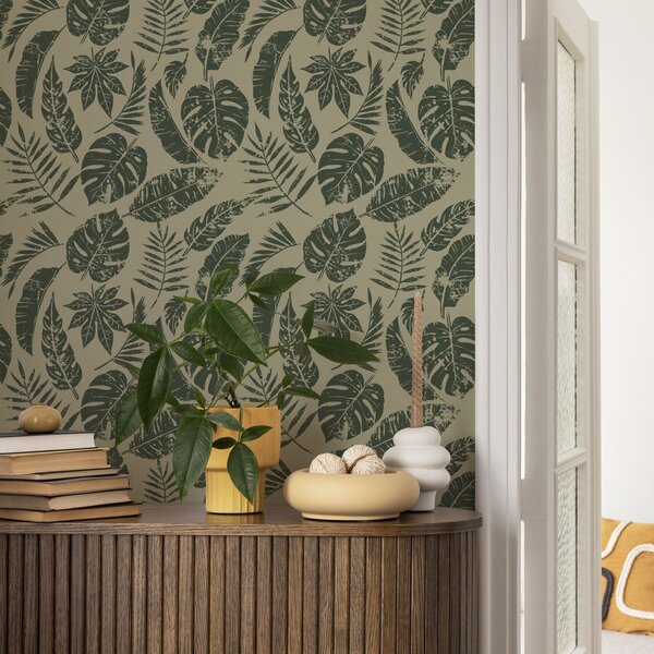 Carta da parati Foglie tropicali in stile linoleografico, verde su giallo, Parati fiori e piante classici, a00274 : Uwalls.it