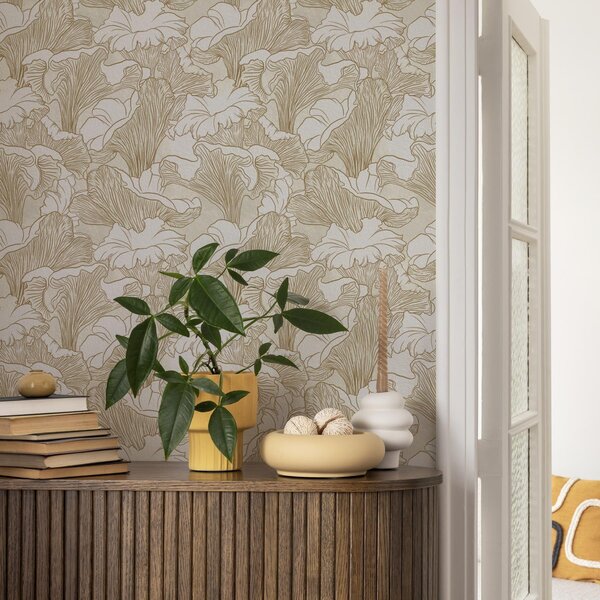 Carta da parati Funghi galletti, disegno al tratto su sfondo crema, Parati fiori e piante classici, a00275 : Uwalls.it