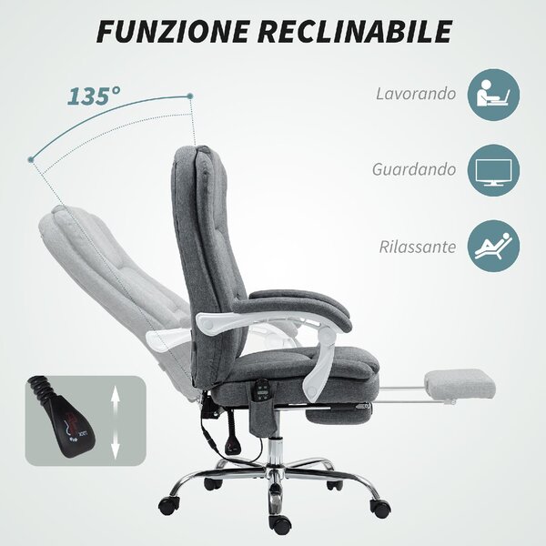Icon Space Sedia da Ufficio Ergonomica con Ruote e Braccioli Reclinabile con Poggiapiedi Schienale Massaggiante in Tessuto Effetto Lino 66x60x121 c
