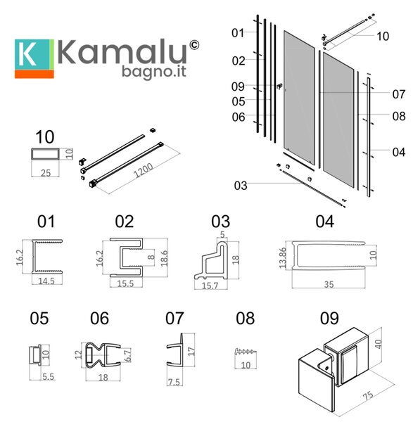 Kamalu porta doccia color nero scorrevole 120 cm senza telaio | knm4000n