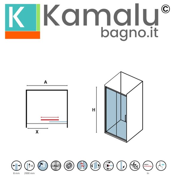 Kamalu porta doccia color nero scorrevole 120 cm senza telaio | knm4000n