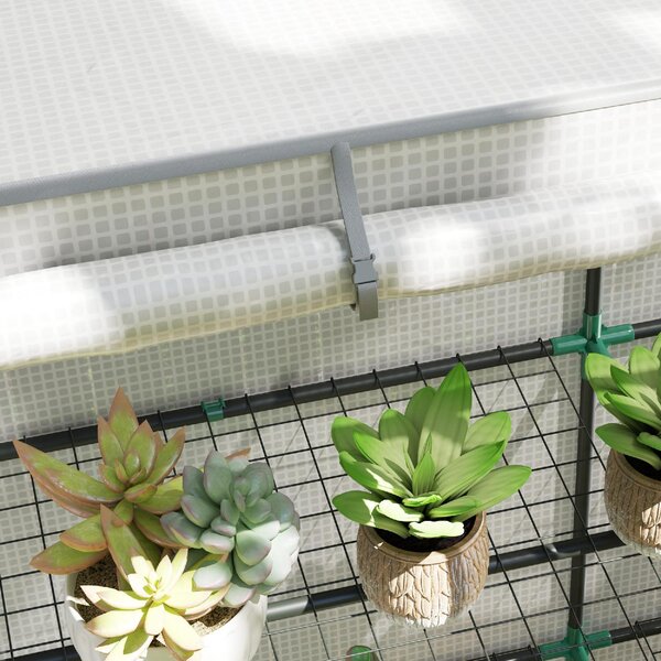 VivaGarden Serra da Giardino con 2 Porte Avvolgibili Scaffale a 3 Ripiani e Tasche Laterali 144x48x152 cm colore Bianco/Grigio
