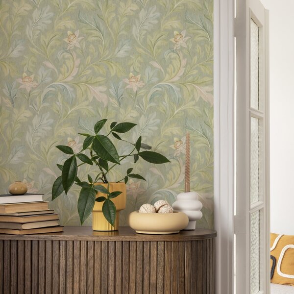 Carta da parati Foglie vintage su sfondo verde, colori pastello, Parati fiori e piante classici, a00277 : Uwalls.it