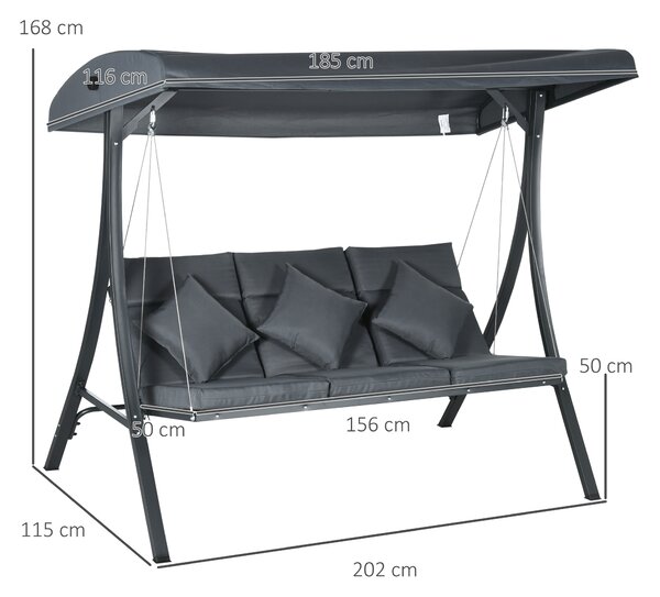 Outsunny Dondolo da Giardino 3 Posti con Tettuccio Parasole Regolabile, Dondolo da Esterno con Cuscini Imbottiti in Poliestere, Portata 320 kg, 202x115x168 cm, Grigio Scuro | Aosom Italy