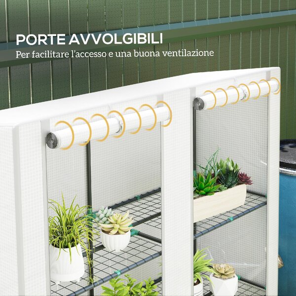 VivaGarden Serra da Giardino con 2 Porte Avvolgibili Scaffale a 3 Ripiani e Tasche Laterali 144x48x152 cm colore Bianco/Grigio