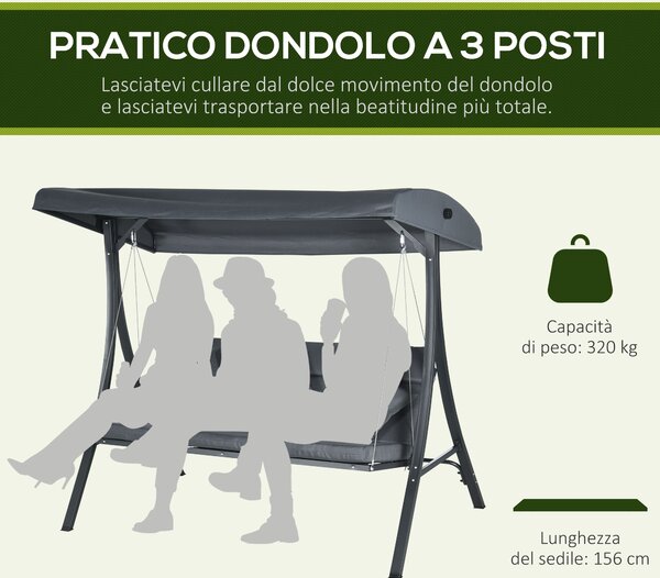 Outsunny Dondolo da Giardino 3 Posti con Tettuccio Parasole Regolabile, Dondolo da Esterno con Cuscini Imbottiti in Poliestere, Portata 320 kg, 202x115x168 cm, Grigio Scuro | Aosom Italy