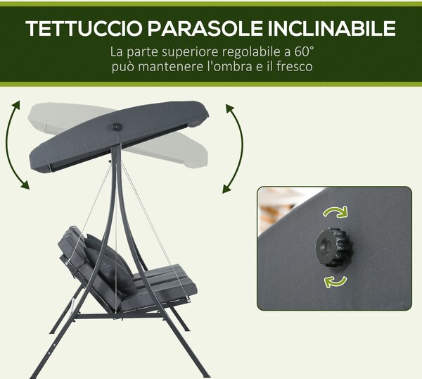 Outsunny Dondolo da Giardino 3 Posti con Tettuccio Parasole Regolabile, Dondolo da Esterno con Cuscini Imbottiti in Poliestere, Portata 320 kg, 202x115x168 cm, Grigio Scuro | Aosom Italy