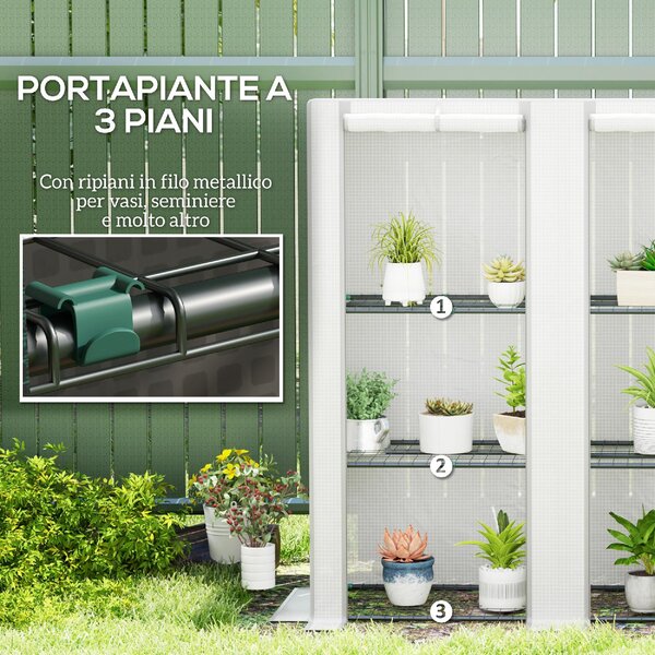 VivaGarden Serra da Giardino con 2 Porte Avvolgibili Scaffale a 3 Ripiani e Tasche Laterali 144x48x152 cm colore Bianco/Grigio