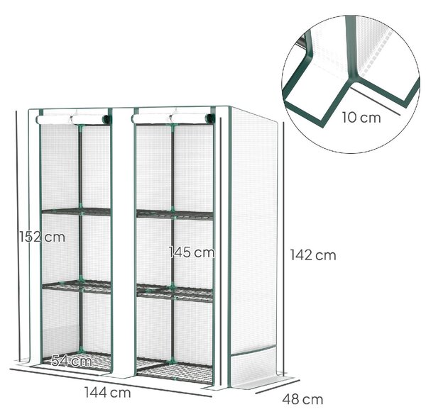 VivaGarden Serra da Giardino con 2 Porte Avvolgibili Scaffale a 3 Ripiani e Tasche Laterali 144x48x152 cm colore Bianco/Verde