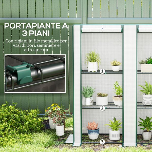 VivaGarden Serra da Giardino con 2 Porte Avvolgibili Scaffale a 3 Ripiani e Tasche Laterali 144x48x152 cm colore Bianco/Verde