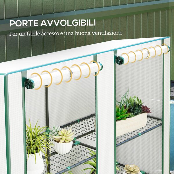 VivaGarden Serra da Giardino con 2 Porte Avvolgibili Scaffale a 3 Ripiani e Tasche Laterali 144x48x152 cm colore Bianco/Verde