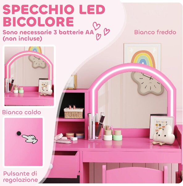 DecHome Set Toeletta per Bambini con Specchio LED Tavolo Trucco e Sedia 88.6x38.8x96.9 cm colore Rosa