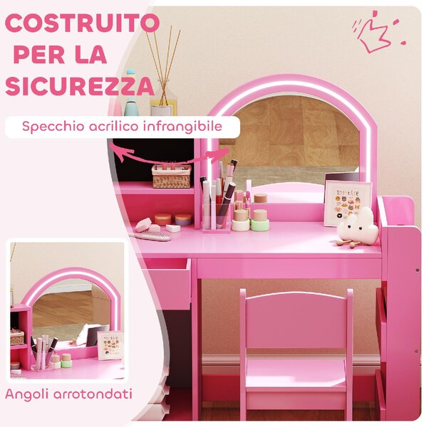 DecHome Set Toeletta per Bambini con Specchio LED Tavolo Trucco e Sedia 88.6x38.8x96.9 cm colore Rosa