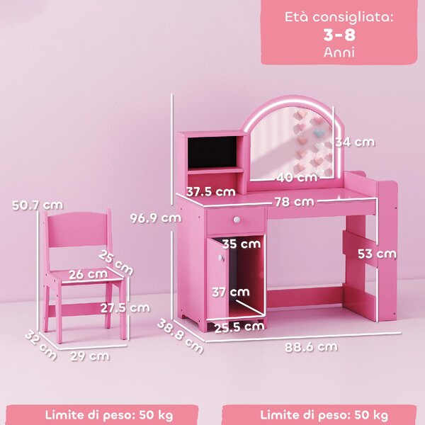 DecHome Set Toeletta per Bambini con Specchio LED Tavolo Trucco e Sedia 88.6x38.8x96.9 cm colore Rosa