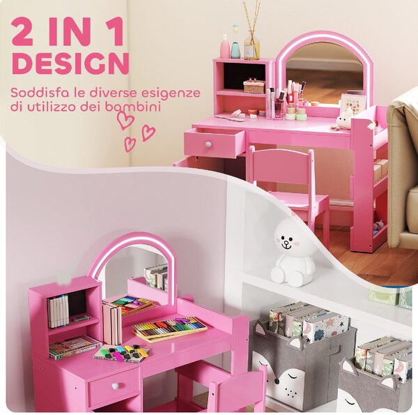 DecHome Set Toeletta per Bambini con Specchio LED Tavolo Trucco e Sedia 88.6x38.8x96.9 cm colore Rosa
