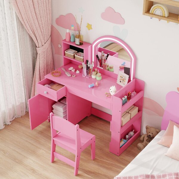 DecHome Set Toeletta per Bambini con Specchio LED Tavolo Trucco e Sedia 88.6x38.8x96.9 cm colore Rosa