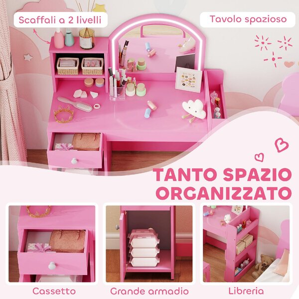 DecHome Set Toeletta per Bambini con Specchio LED Tavolo Trucco e Sedia 88.6x38.8x96.9 cm colore Rosa