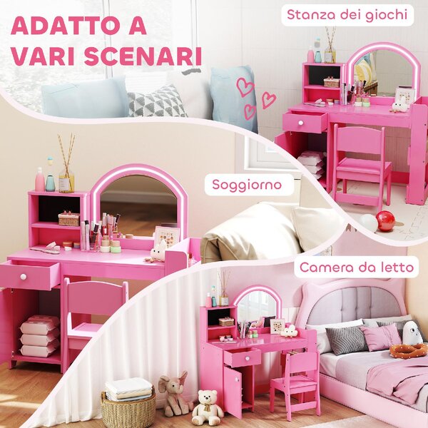 DecHome Set Toeletta per Bambini con Specchio LED Tavolo Trucco e Sedia 88.6x38.8x96.9 cm colore Rosa