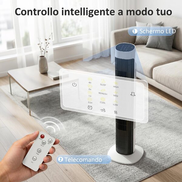 DecHome Ventilatore a Colonna Torre senza Pale Oscillante 3 Velocit con Telecomando e Timer colore Bianco/Nero - S5570WT
