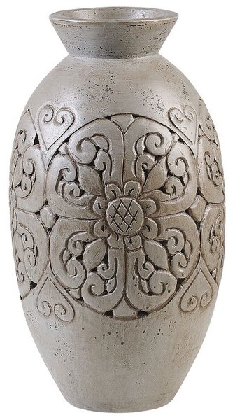 Vaso Decorativo Alto Grigio Argilla 52 cm Vaso Da Terra Dipinto A Mano Motivo Floreale Intagliato Beliani