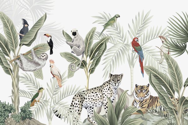 Carta da parati Animali e uccelli nella giungla, Carta da parati per Bambini, w04268 : Uwalls.it