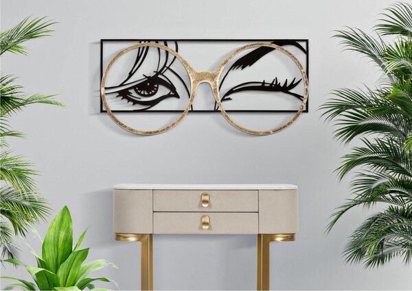 Pannello decorativo 3D da parete in metallo nero SGUARDO, 89,5x3,8x41,3 cm peso 1,500 kg composto da uno sguardo con occhiali in metallo dorato