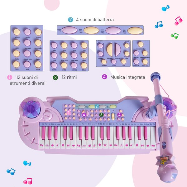 HOMCOM Pianoforte Giocattolo a 37 tasti con Sgabello e Microfono, 12 Strumenti e 22 Musiche, Registrazione, MP3 e Karaoke, Rosa|Aosom