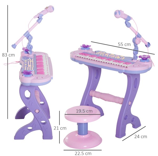 HOMCOM Pianoforte Giocattolo a 37 tasti con Sgabello e Microfono, 12 Strumenti e 22 Musiche, Registrazione, MP3 e Karaoke, Rosa|Aosom