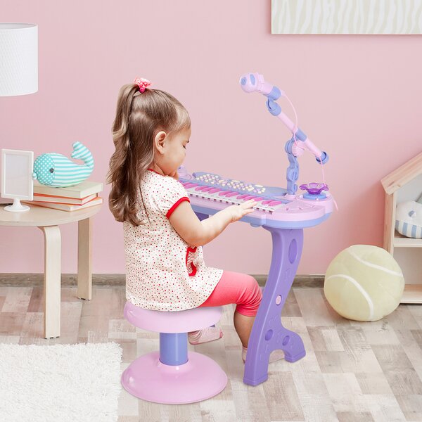 HOMCOM Pianoforte Giocattolo a 37 tasti con Sgabello e Microfono, 12 Strumenti e 22 Musiche, Registrazione, MP3 e Karaoke, Rosa|Aosom