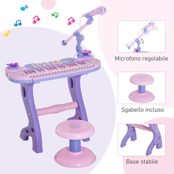 HOMCOM Pianoforte Giocattolo a 37 tasti con Sgabello e Microfono, 12 Strumenti e 22 Musiche, Registrazione, MP3 e Karaoke, Rosa|Aosom