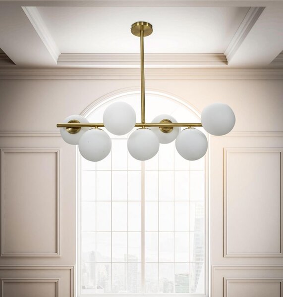 Lampadario da soffitto con 7 punti luce in metallo dorato, GLAMY , Dimensioni 81x30xh74 cm sfere in vetro bianco