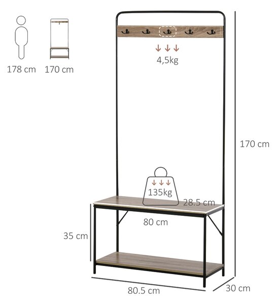 HOMCOM Appendiabiti con Panca e Scarpiera in Stile Industriale, Mobile per Ingresso Vintage in Legno e Acciaio Nero