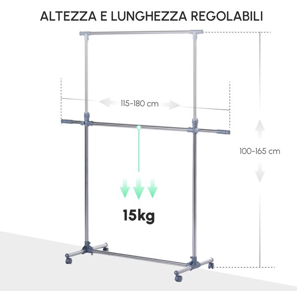 HOMCOM Stender Appendiabiti con Altezza ed Estensione Regolabili, 4 Ruote Girevoli, Acciaio Inox e ABS, 165x48x180cm|Aosom