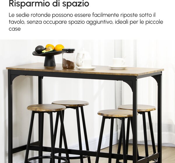 HOMCOM Set da Bar 5 pezzi con Tavolo alto e 4 Sgabelli Stile Industriale, Marrone e Nero|Aosom