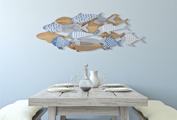 Pannello decorativo 3D FISH SEA da parete in metallo e legno raffigurante un gruppo di pesci. Dimensioni 91x3x33,5 cm multicolor
