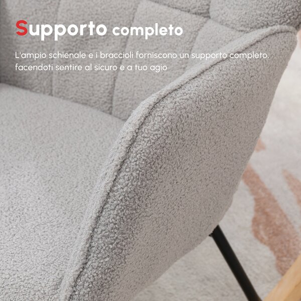 HOMCOM Poltrona a Dondolo Imbottita in Legno e Acciaio con Rivestimento Bouclé, 71x98x101 cm, Grigio