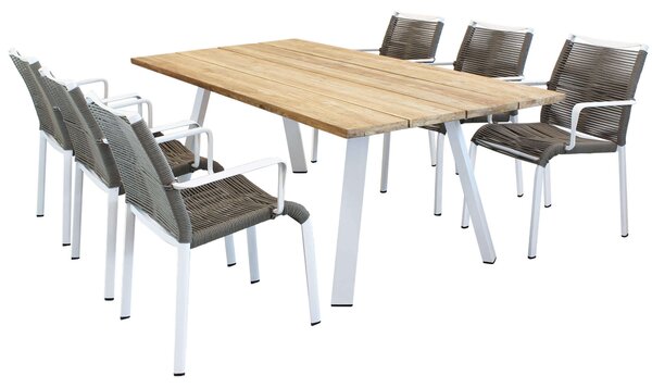 SALTUS - set tavolo in alluminio e teak cm 200x100x74 h con 6 sedute