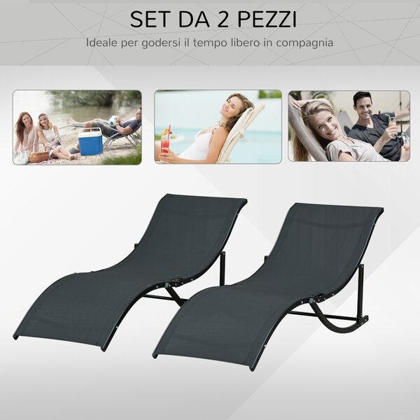 Outsunny Set 2 Sdraio da Giardino Pieghevoli, Lettino Prendisole in Alluminio e Texteline, Nero, 61x165x63cm|Aosom