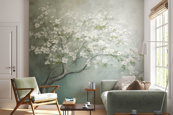 Carta da parati Un albero in fiore con fiori bianchi in piena fioritura, su uno sfondo granuloso e, Carta da parati Floreale, w09261 : Uwalls.it