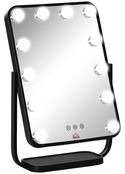HOMCOM Specchio per Trucco Illuminato Stile Hollywood, Inclinabile, Tavolo, 12 Luci LED Regolabili, Design Elegante, 58x43cm, Nero