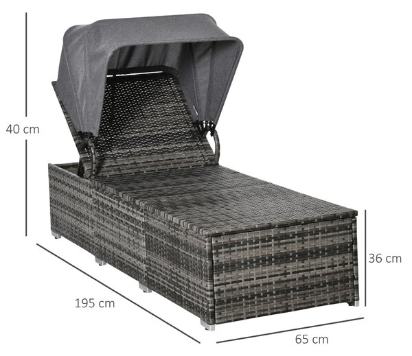 Outsunny Lettino Prendisole in Rattan PE, Chaise Longue con Schienale Reclinabile a 4 Livelli, Tettuccio e Materassino, Grigio|Aosom