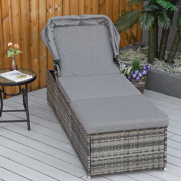 Outsunny Lettino Prendisole in Rattan PE, Chaise Longue con Schienale Reclinabile a 4 Livelli, Tettuccio e Materassino, Grigio|Aosom