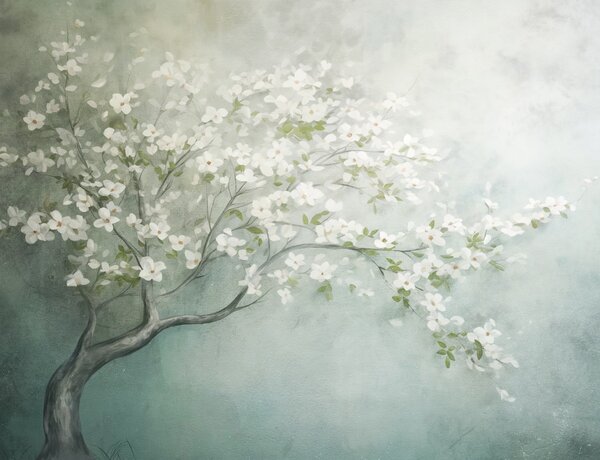 Carta da parati Un albero in fiore con fiori bianchi in piena fioritura, su uno sfondo granuloso e, Carta da parati Floreale, w09261 : Uwalls.it