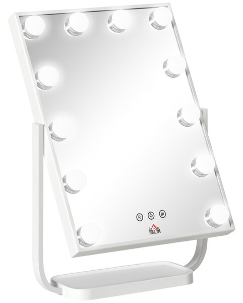 HOMCOM Specchio Trucco Illuminato Stile Hollywood, Inclinabile, 12 Luci LED Regolabili, Eleganza in Camera - Bianco